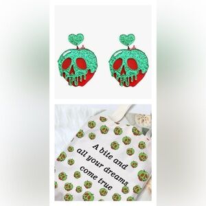 Halloween Evil Queen Poison Apple Snow White Earrings and Tote Bag- NWT